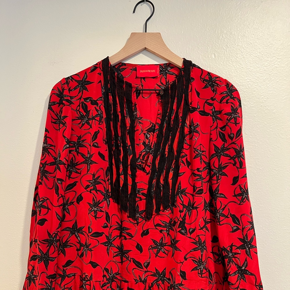 Zadig and Voltaire 100% silk dress size M red w/ flower print, lace knee high